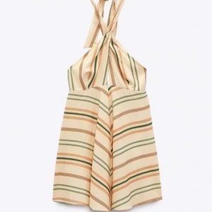 Zara Linen Blend Striped Wrap Halter Top Mini Dress Sz: XS